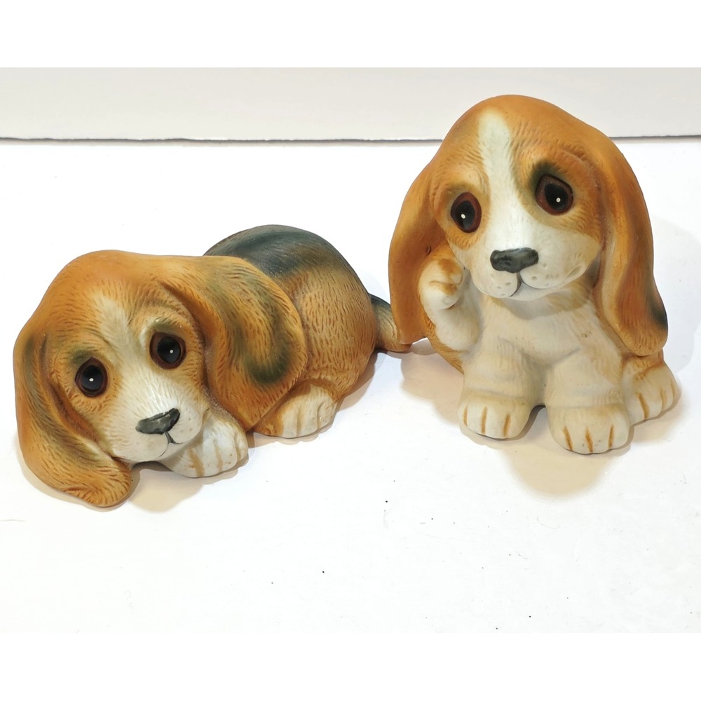 Vtg Pair Of HOMCO Big Eyed Long Eared Brown Puppy Beagle Ceramic Figurines #1407